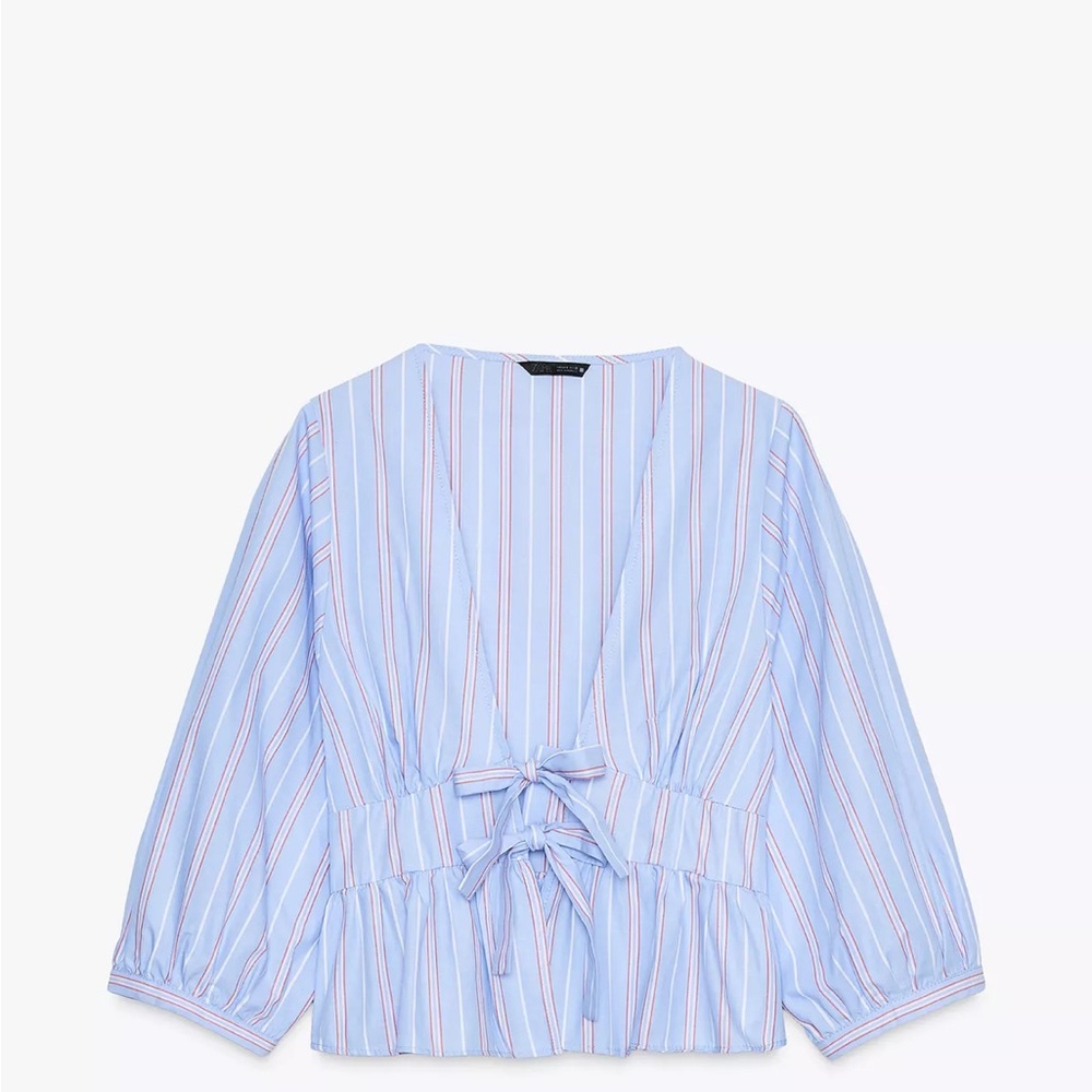 NWT Zara Blue & Pink Striped Tie Front Blouse